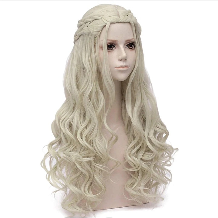 Peruca Blond pentru Cosplay Halloween, par lung ondulat, fara breton, 66 cm, par impletit