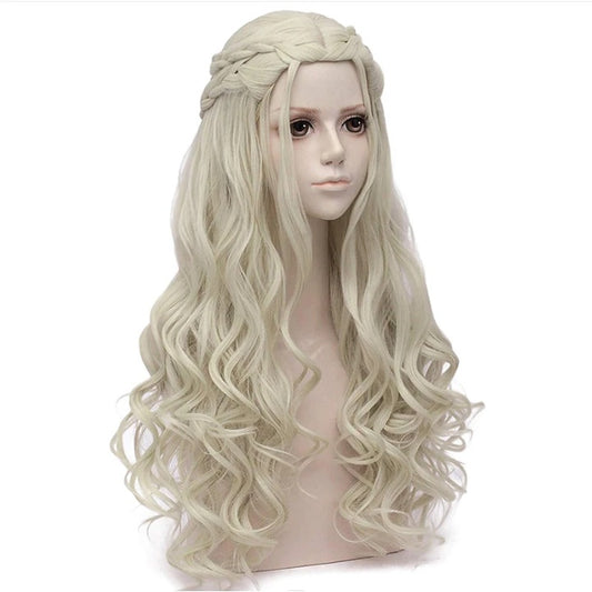 Peruca Blond pentru Cosplay Halloween, par lung ondulat, fara breton, 66 cm, par impletit