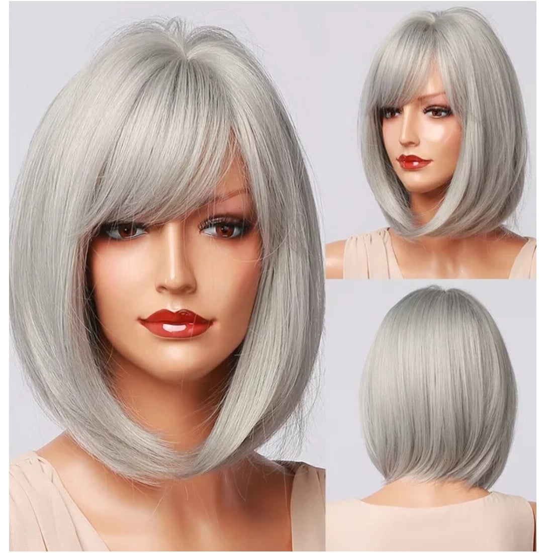 Peruca bob Gri Silver, par drept, cu breton, 30 cm