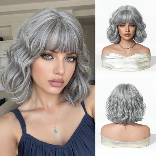 Peruca Gri, par bob ondulat, cu breton, 36 cm