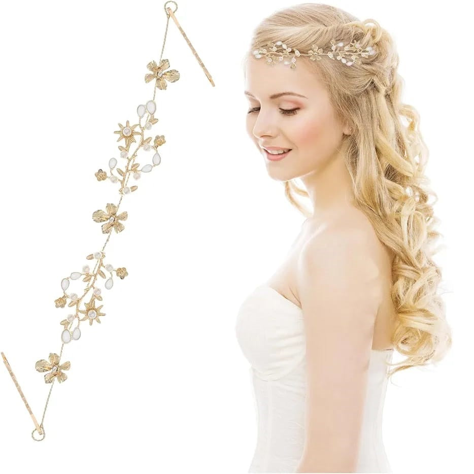 Accesoriu Par Mireasa, flori si perle, auriu, 28cm, tip agrafa