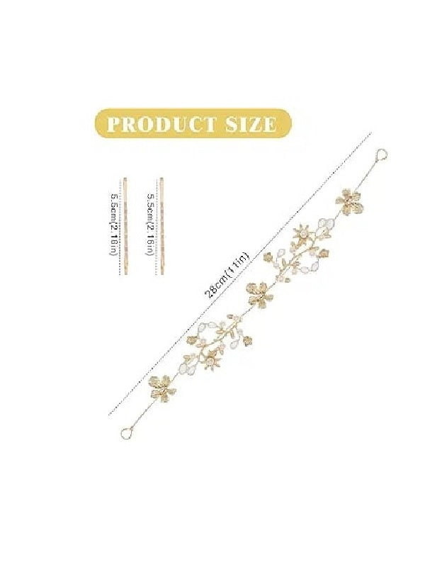 Accesoriu Par Mireasa, flori si perle, auriu, 28cm, tip agrafa