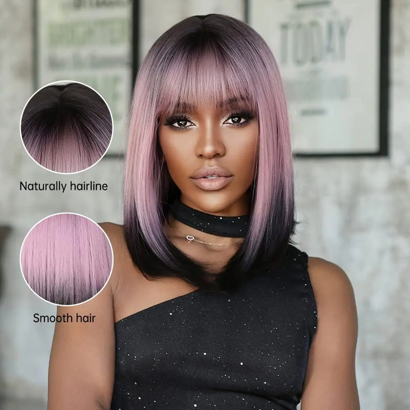 Peruca Ombre Roz Negru, par mediu drept, cu breton, 40 cm