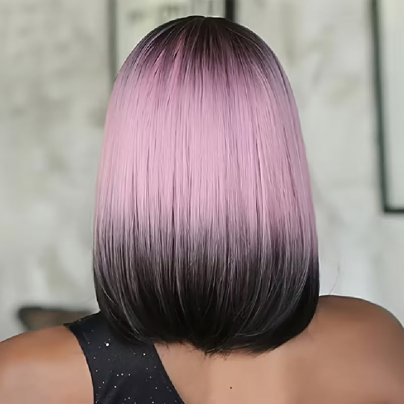 Peruca Ombre Roz Negru, par mediu drept, cu breton, 40 cm
