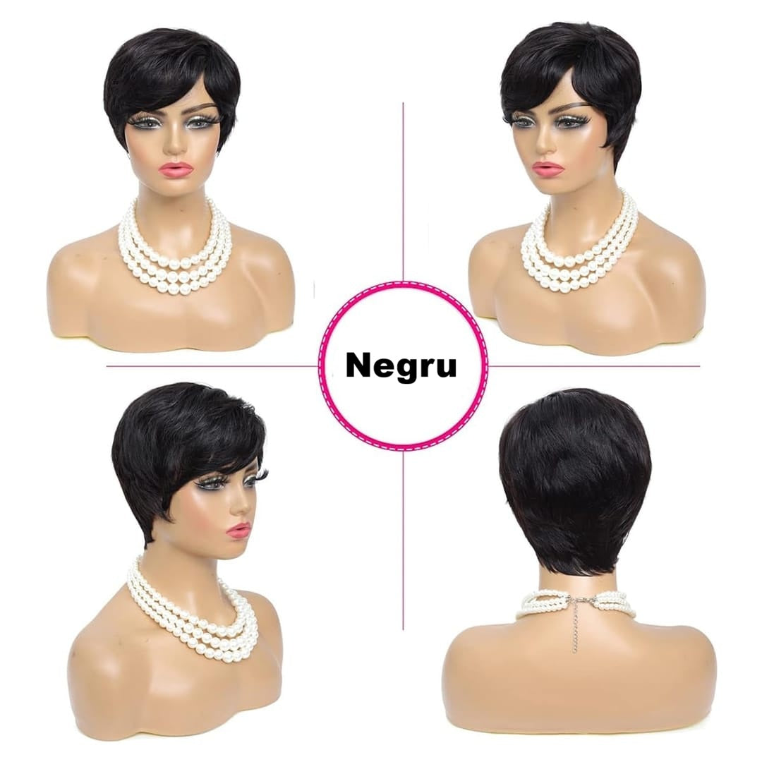Peruca scurta Neagra din par natural, model Pixie, 100% Remy