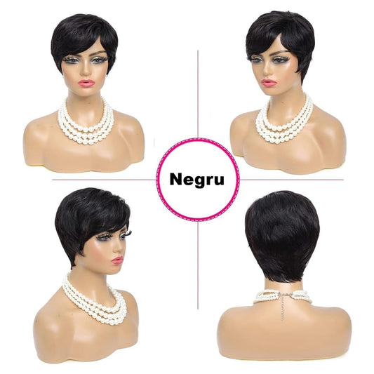 Peruca scurta Neagra din par natural, model Pixie, 100% Remy
