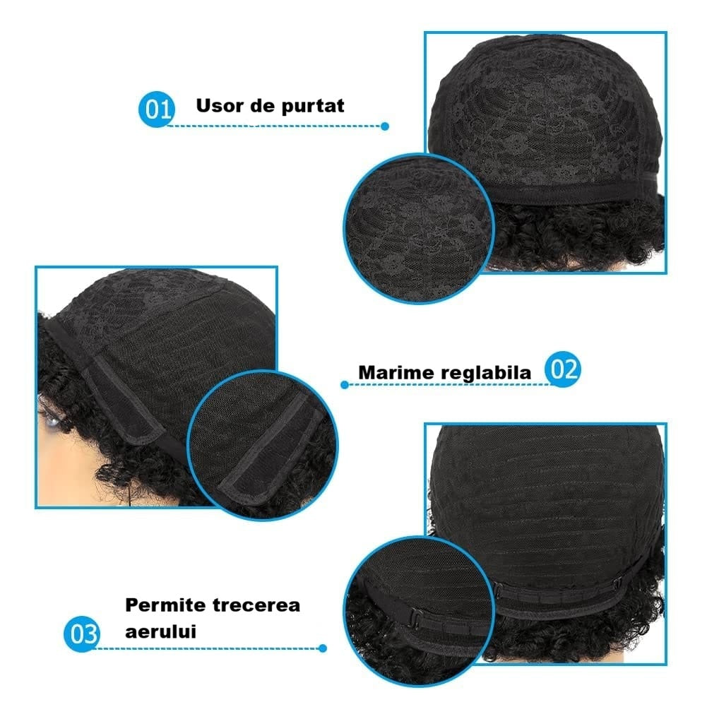 Peruca scurta Neagra din par natural, model Pixie, 100% Remy