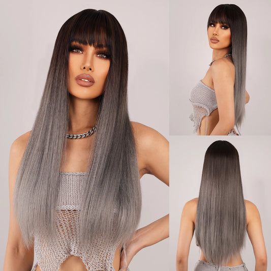 Peruca Ombre GRI, par lung drept, cu breton, 65 cm