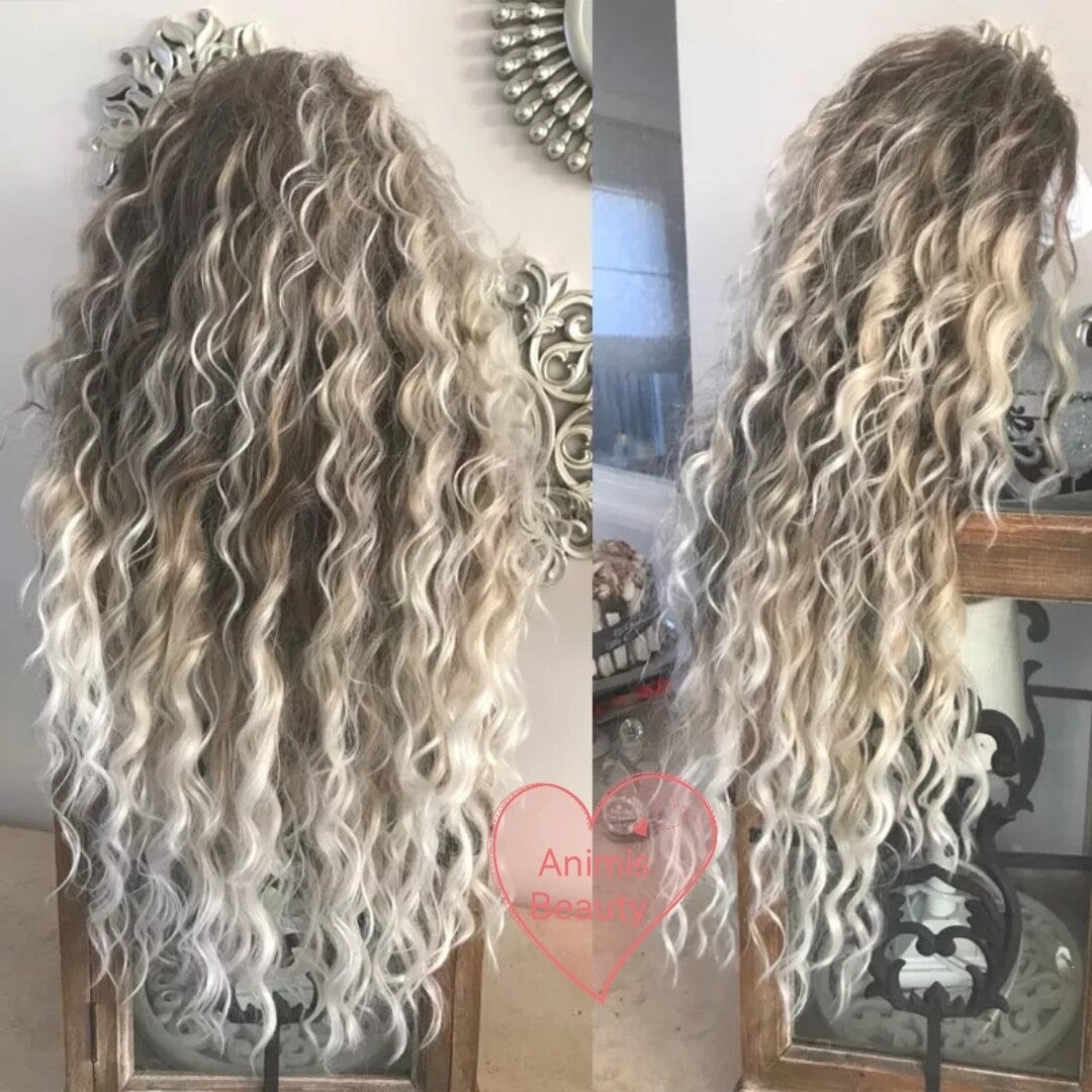 Peruca Ombre Blond Gri, par lung, creata, fara breton, model bufant