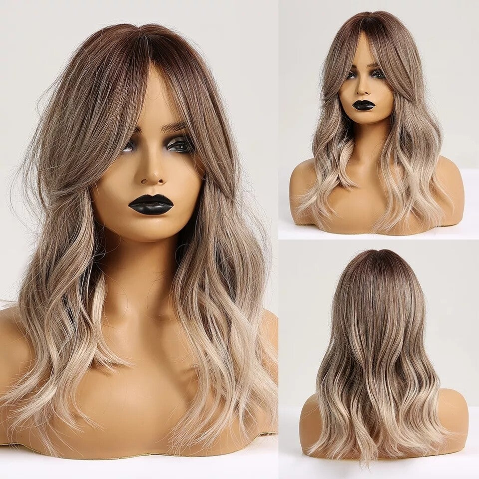 Peruca Ombre Blond, par mediu ondulat, cu semi breton, 40 cm