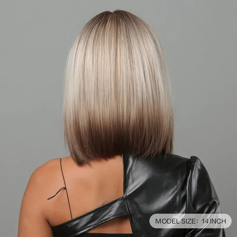 Peruca Ombre Maro Saten, par mediu drept, cu breton, 40 cm