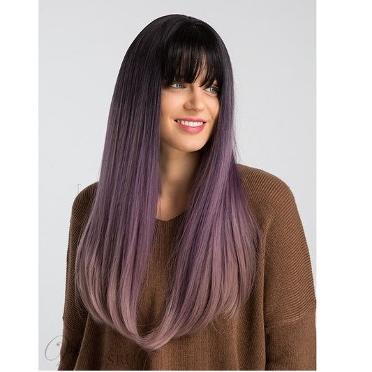 Peruca MOV ombre, lunga dreapta, cu breton, 60 cm