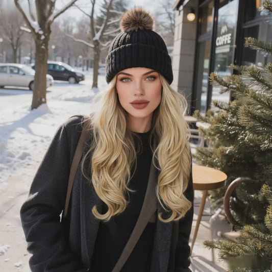 Peruca Blond nisipiu tip caciula, par lung si ondulat, 40 cm