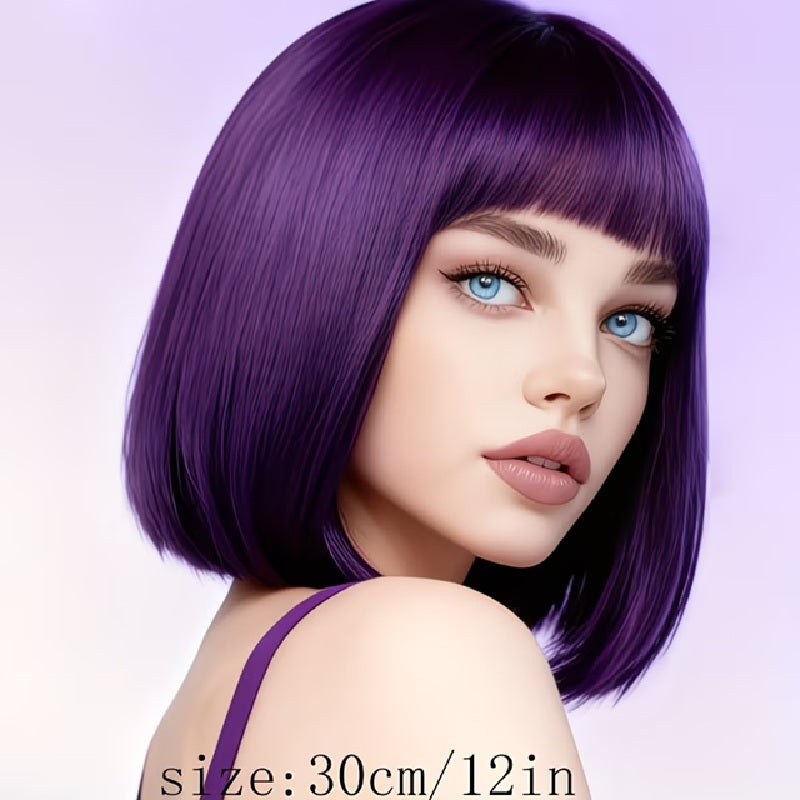 Peruca MOV Violet, model bob, par drept, cu breton, 30 cm, Cosplay sau Halloween