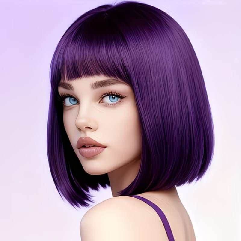 Peruca MOV Violet, model bob, par drept, cu breton, 30 cm, Cosplay sau Halloween