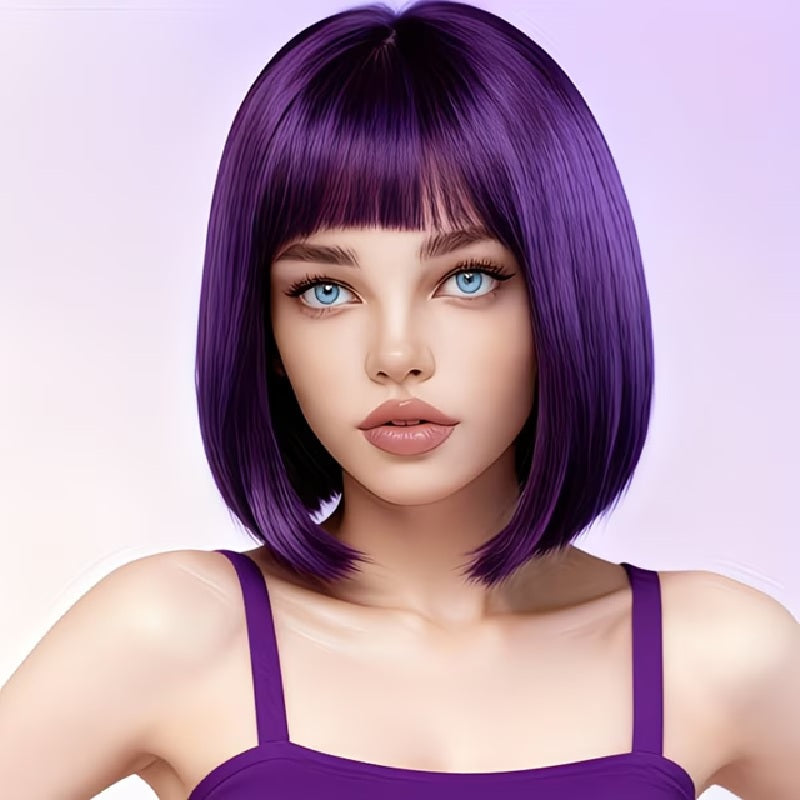 Peruca MOV Violet, model bob, par drept, cu breton, 30 cm, Cosplay sau Halloween