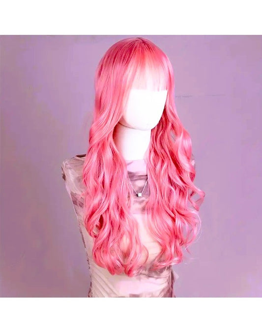 Peruca Roz pentru Cosplay Halloween, par lung ondulat, cu breton, 66 cm