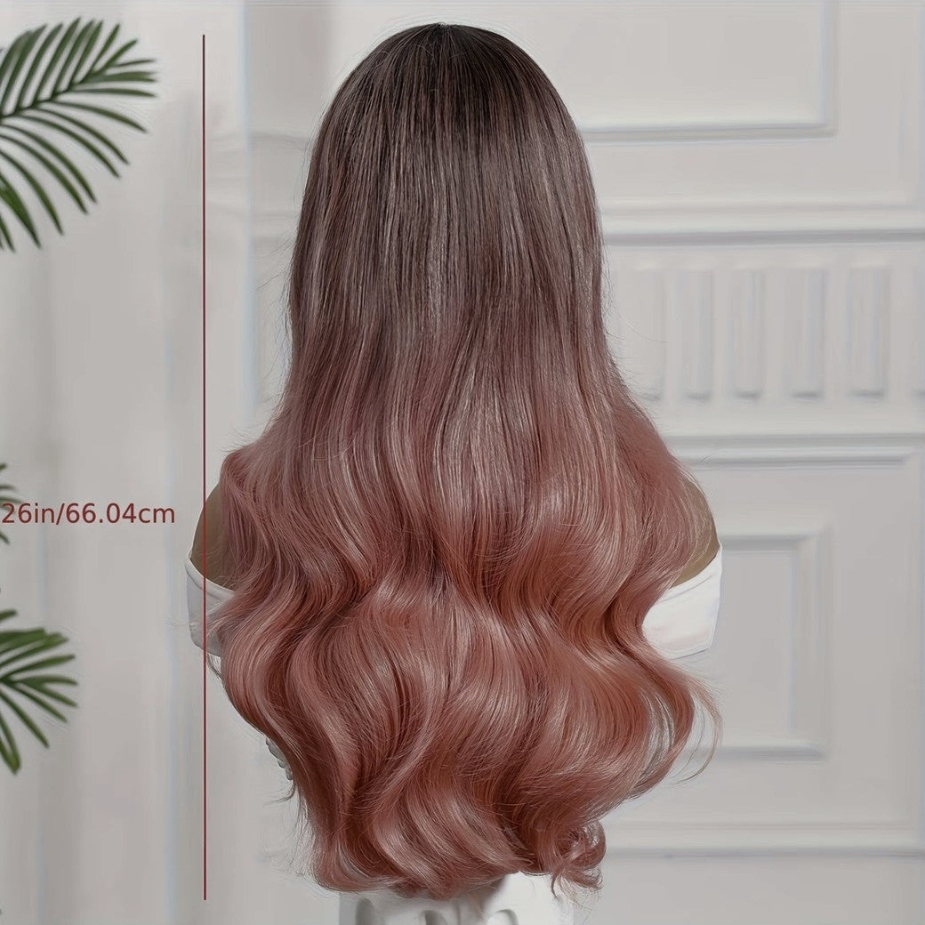 Peruca Roz Ombre, par lung ondulat, fara breton, cu dantela frontala, 66 cm
