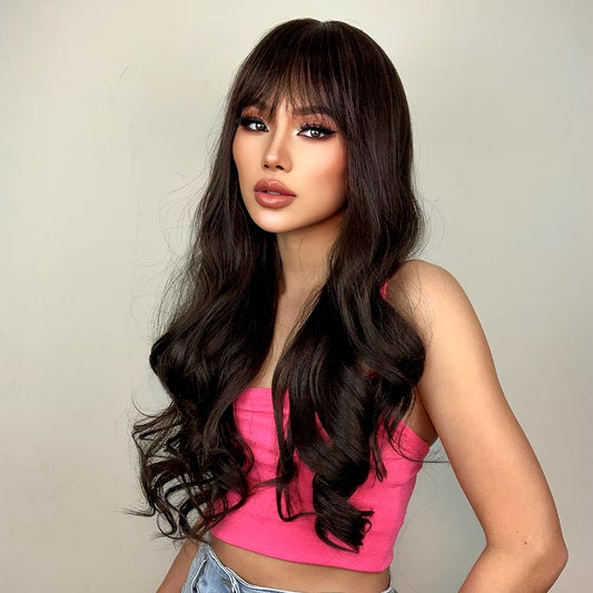 Peruca SATEN, par lung ondulat, cu breton, 60 cm