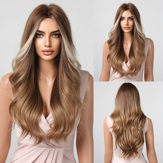 Peruca Saten deschis cu suvite blonde, par lung ondulat, fara breton, 65 cm
