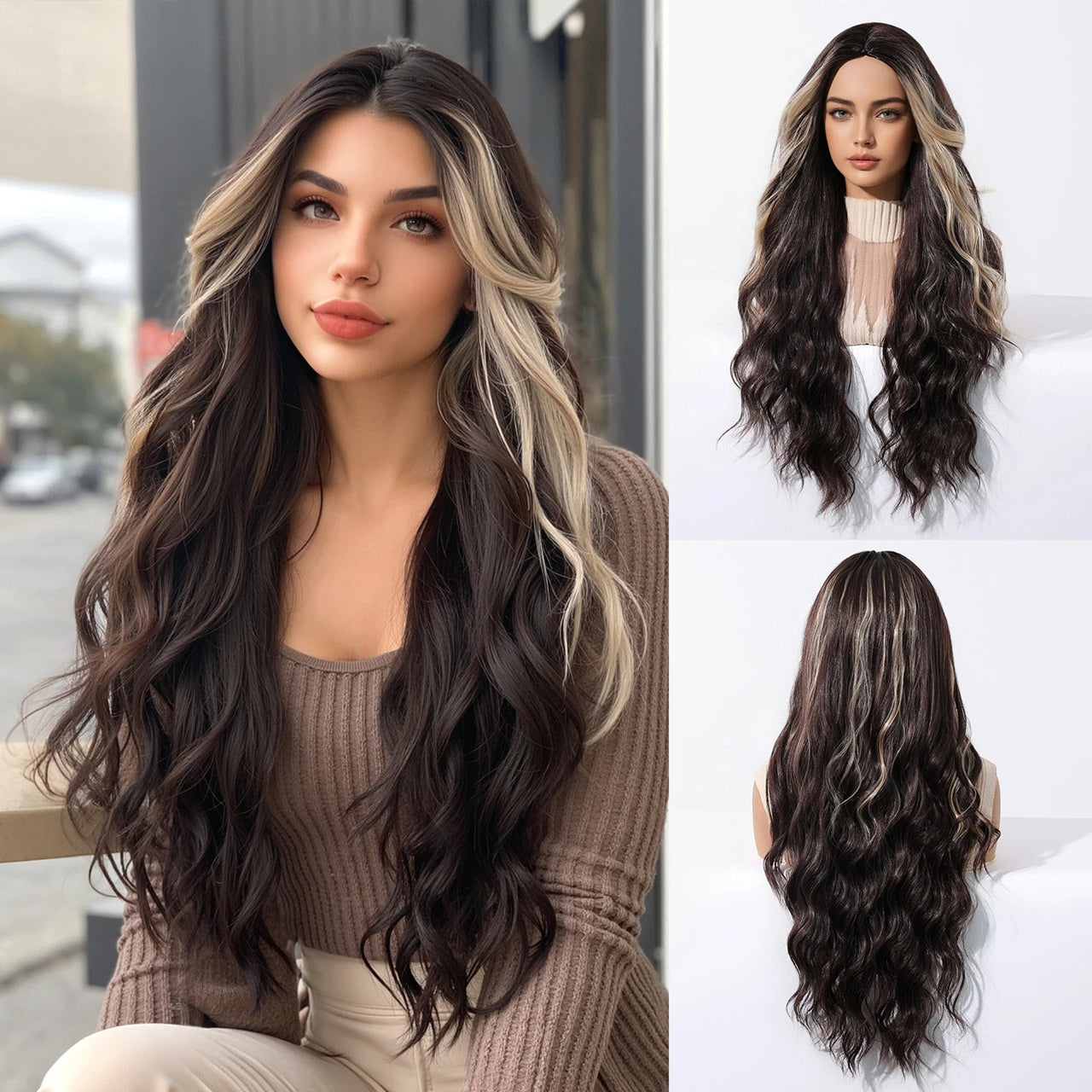 Peruca Saten cu suvite frontale blonde, par lung ondulat, fara breton, 65 cm