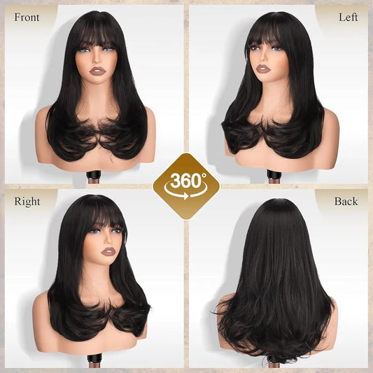 Peruca Castaniu Saten inchis, par mediu drept, cu breton, 46 cm