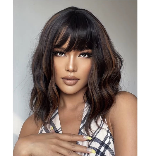 Peruca Saten suvitat, par bob ondulat, cu breton, 36 cm