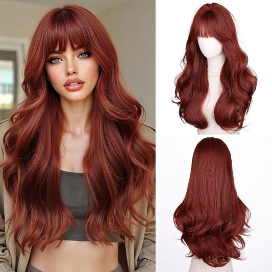 Peruca Visinie Burgundy, par lung ondulat, cu breton, 66 cm