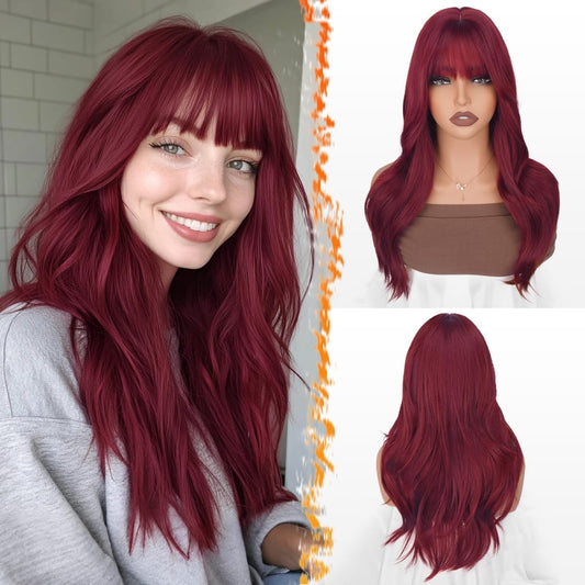 Peruca Visiniu Burgundy, par lung drept, cu breton, 50 cm